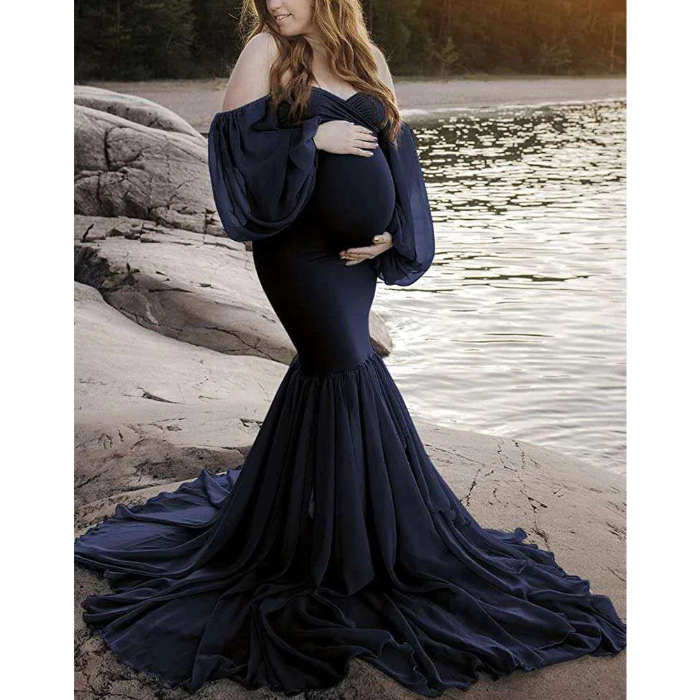 MQTIME  -   Long Chiffon Sleeve Tired Mermaid Maternity Dress for Photoshoot Photography Baby Shower