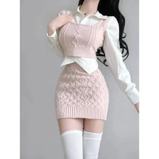 nvxiot 2024 Spring Elegant Knitted Suits Women Even Party Clothing Korean Style 3 Piece Dress Set Office Lady Sweater Vest + Mini Skirt