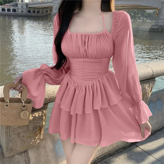 MQTIME  -  Sweet Pink Dress French Women Halter Folds Strapless Ruffled Holiday Dress Summer New Long Sleeve Fashion Pleated Mini Dress