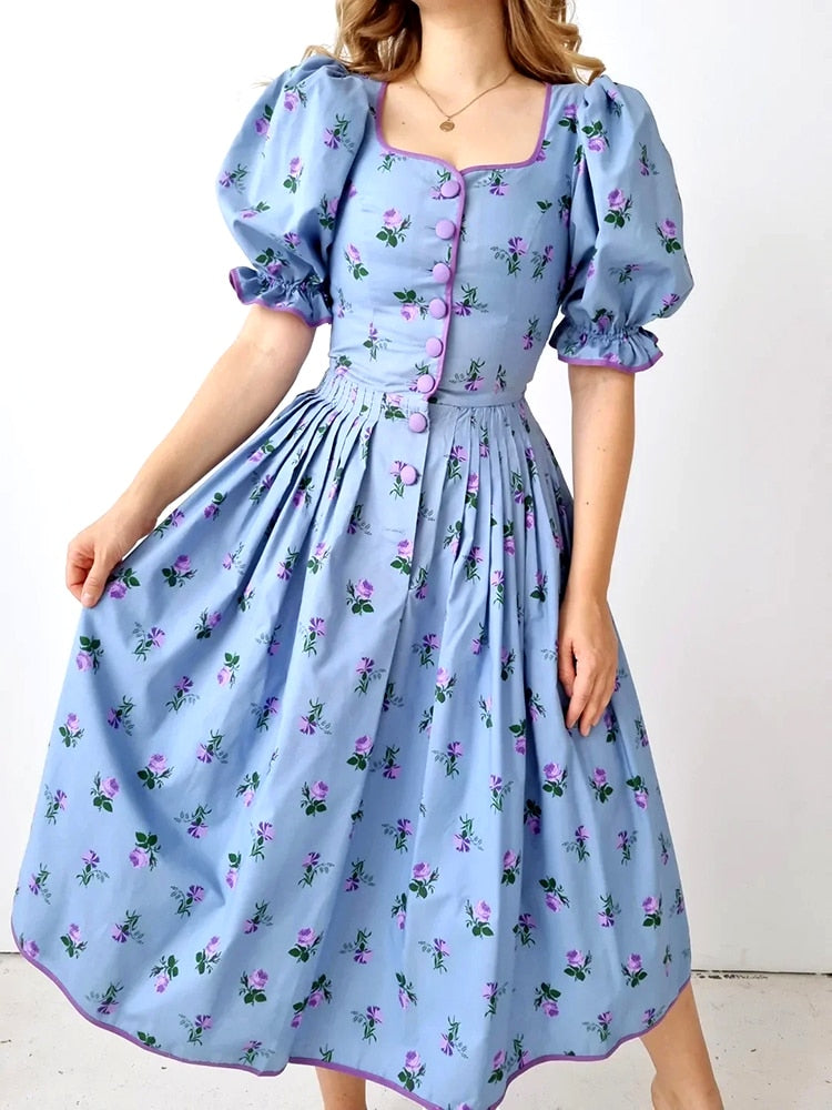 nvxiot Blue Floral Printed Chic Midi Dress French Button Front Summer Elegant Women Dresses Puff Sleeve Party Holiday Vestido