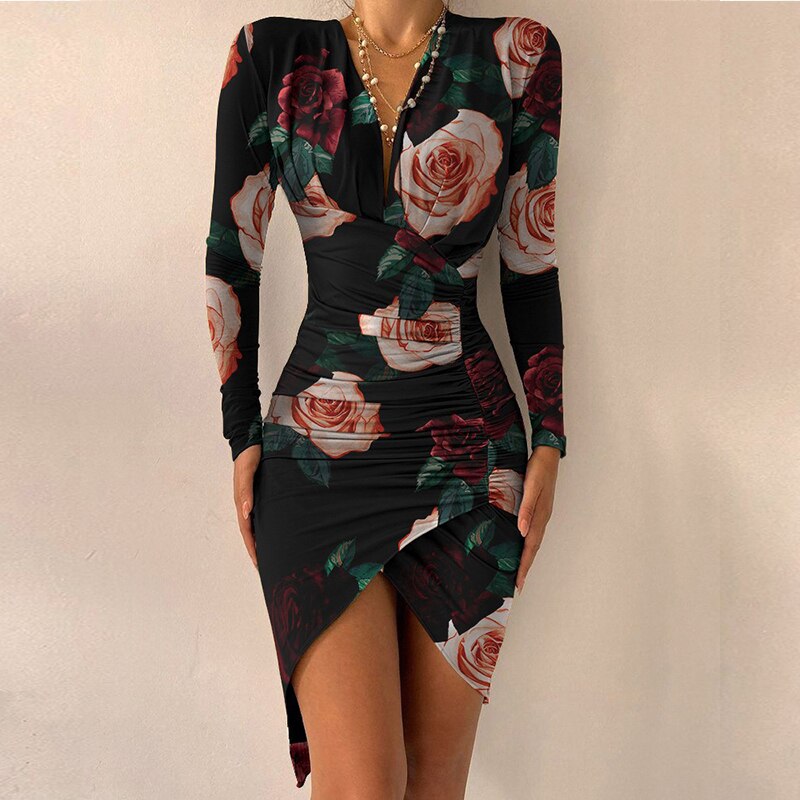 nvxiot school outfit  Sexy Women V-Neck Asymmetric Mini Dress Spring Autumn Long Sleeve Floral Bodycon Dresses Slim Split Party Dress Vestidos