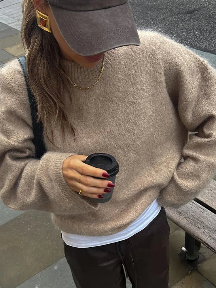 nvxiot Round Neck Loose Knitted Sweater Women Solid Color Long Sleeved Warm Pullover Autumn Winter Fashion Female Street Jumper