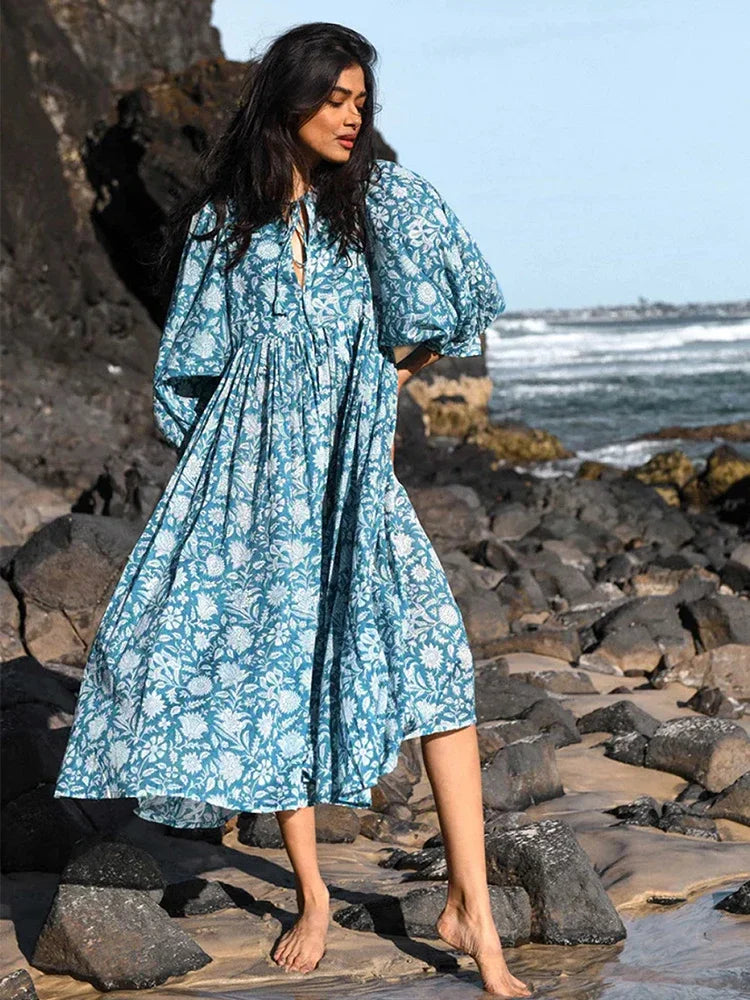 nvxiot Lantern Half Sleeve Cyan Bohemian Beach Midi Loose Dress Summer for Women Tie Up Casual Floral Holiday Midi Vestidos