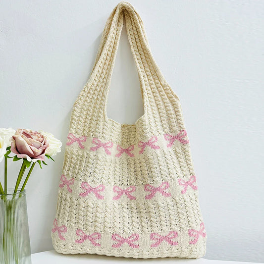 MQTIME  -   Knitted Handbags Large Capacity Bow Pattern Crochet Tote Bag Bow Pattern Crochet Tote Bag Multifunctional Knitted Shopping Bag