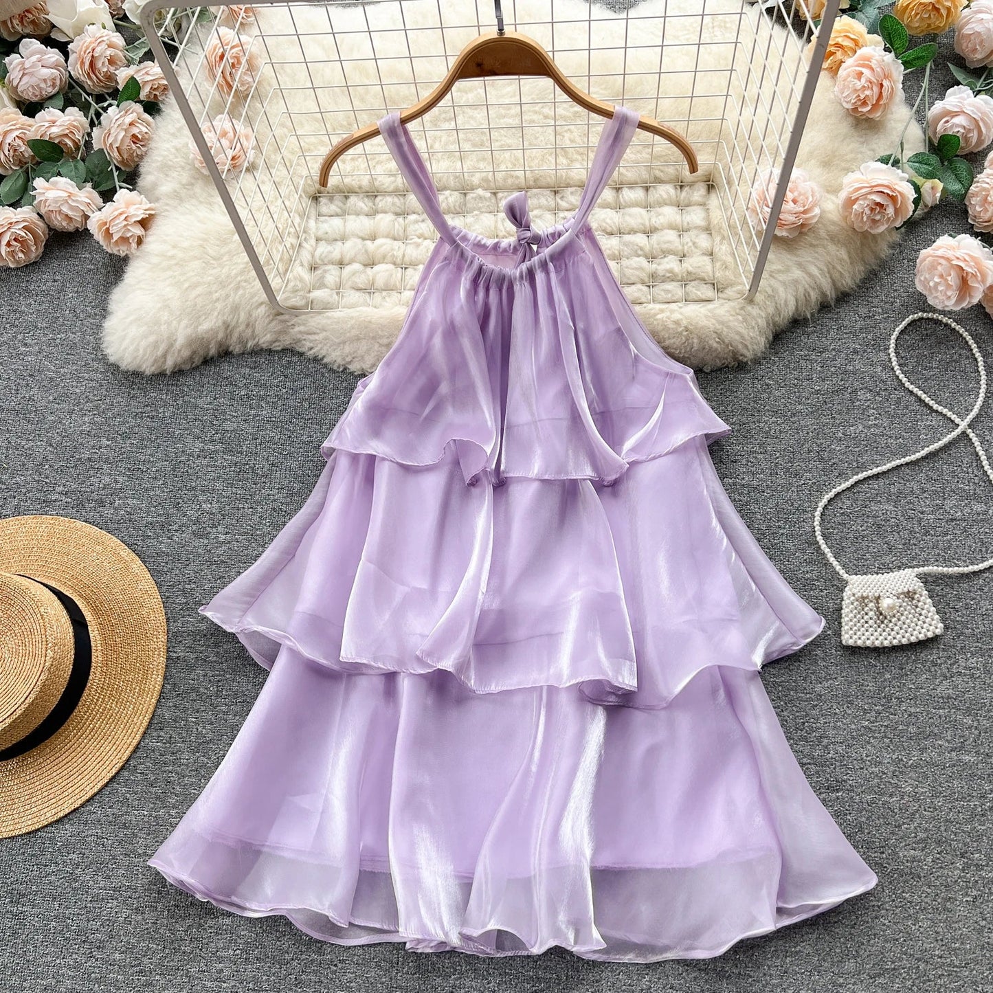 MQTIME  -  Holiday Sweet Organza Gauze Gentle Style Ruffled Halter Dress Women Sleeveless Loose Strap Short Dress Summer Beach Mini Dress