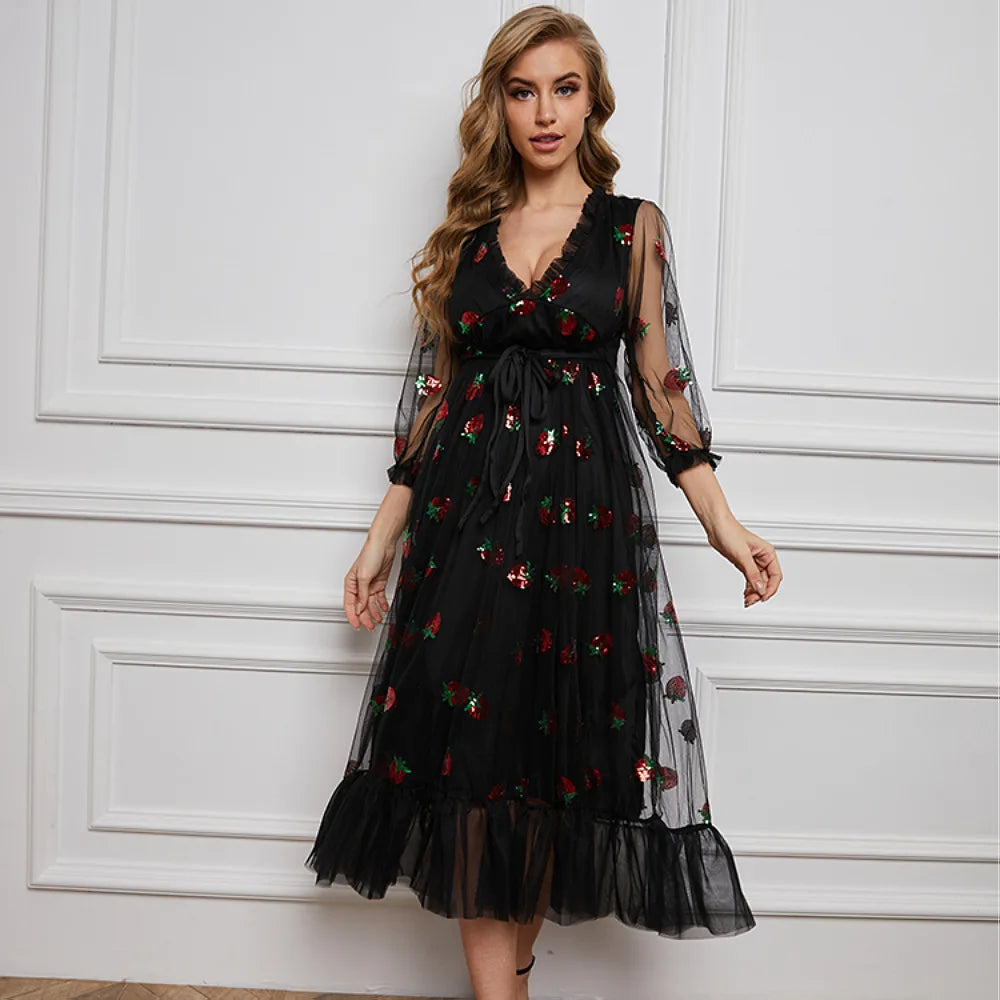 nvxiot- Strawberry Fairy Dress Women Deep V Puff Sleeve Sweet Voile Mesh Sequins Embroidery French Evening Party Dresses