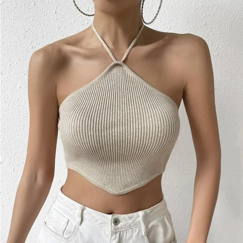 nvxiot  -  New Sexy Spicy Girl Women's Style Short Backless Hanging Neck Tie up Knitted Tank Top for Women