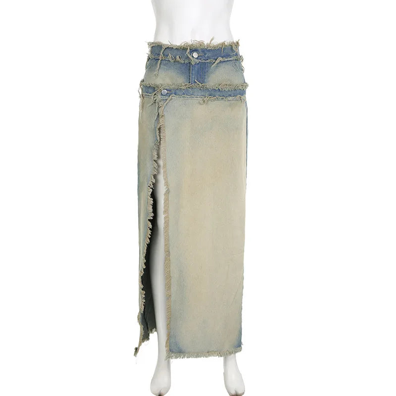 nvxiot  - Women Washed Distressed Brushed Denim Maxi Skirts Tassel High Waist Button High Split Designer Casual Jeans Skirt Streetwear