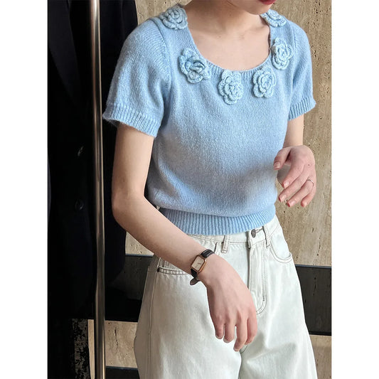 MQTIME  -  Cute 3d Hook Flower Short Sleeve Sweater Round Neck Knitwear for Women's 2024 Spring/summer