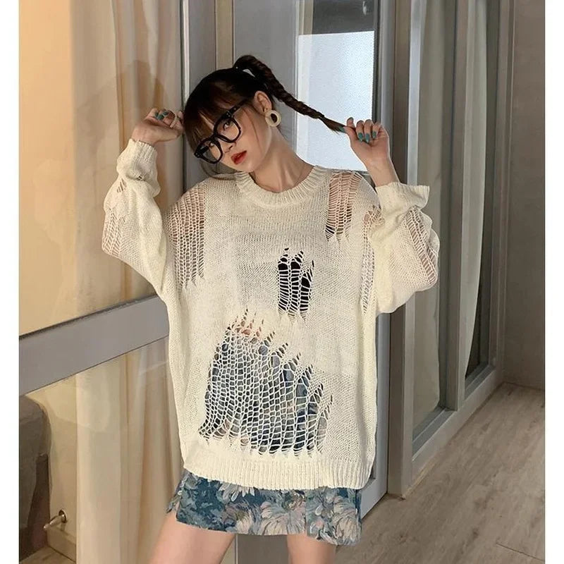 nvxiot  -  Oversized Sexy Hole Sweaters Loose Casual O-neck Knitted Solid Korean Fashion Black Chic Daily Trendy Long Sleeve Pullovers Tops