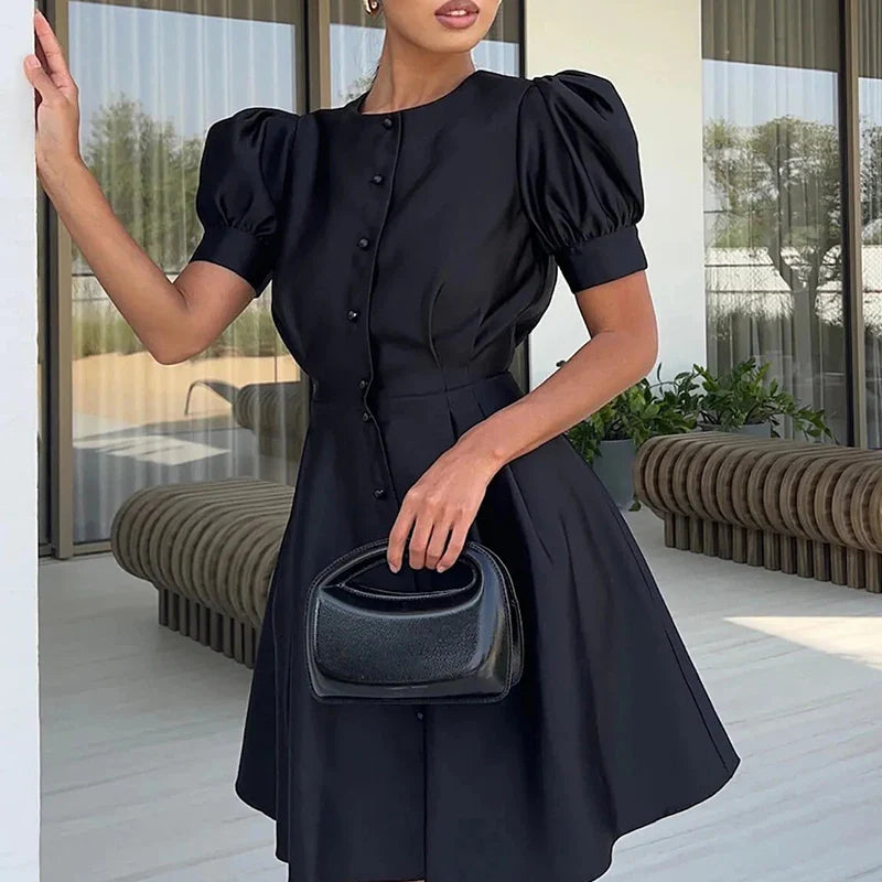 nvxiot Ladies O-Neck Peal Buttons High Street Mini Dress Women Elegant Slim Waist A-Line Dresses Fashion Summer Puff Sleeve Solid Dress