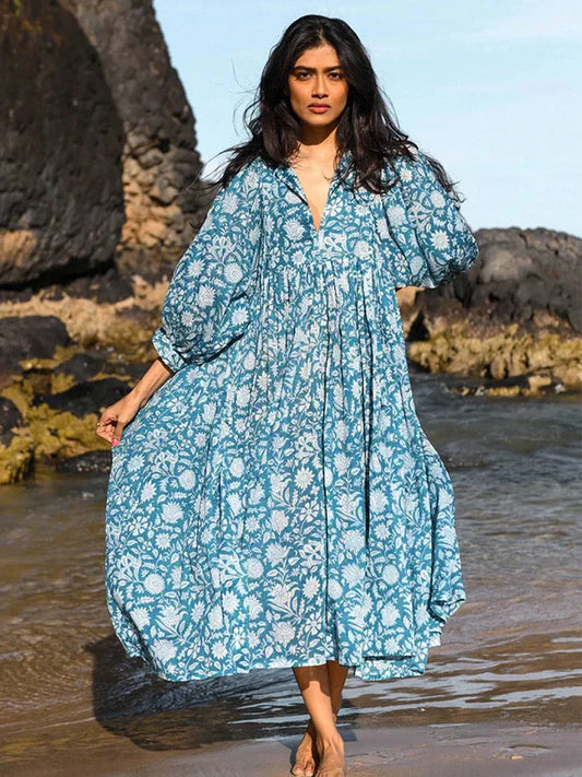 nvxiot Lantern Half Sleeve Cyan Bohemian Beach Midi Loose Dress Summer for Women Tie Up Casual Floral Holiday Midi Vestidos