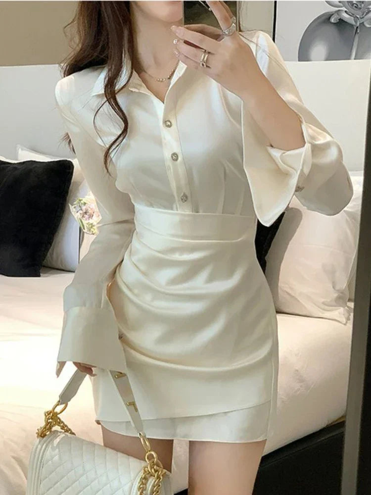 nvxiot-Winter Elegant Satin Dress Women France Button Designer Party Mini Dress Female Korean High Waist Solid Casual Slim Dress 2024