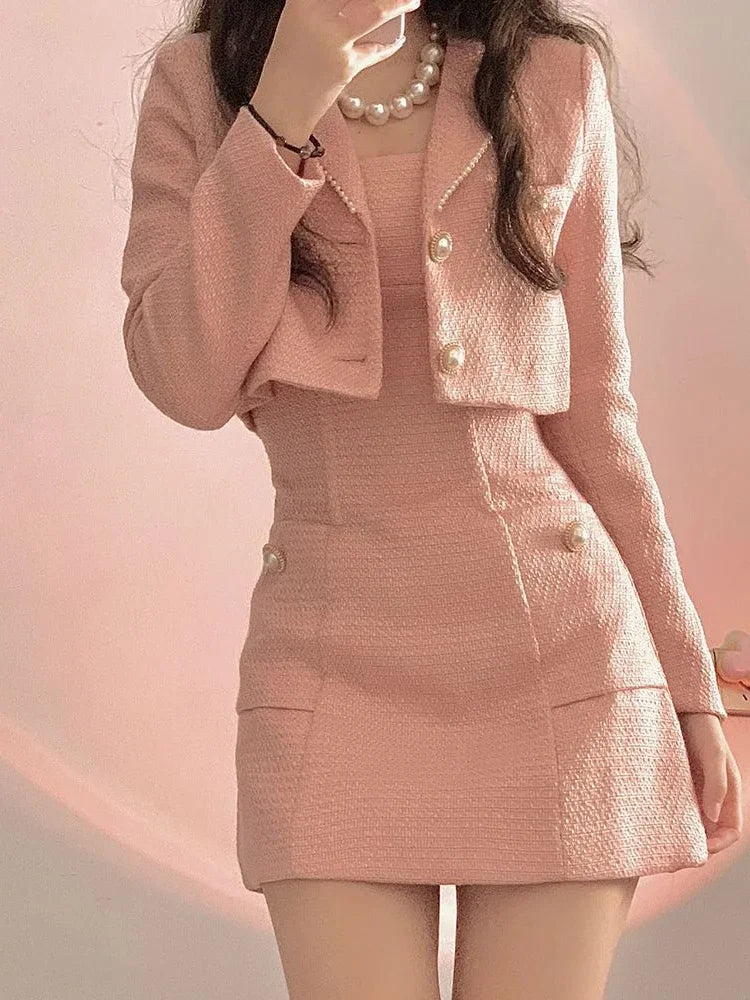 nvxiot stylish dress Pink Vintage Elegant Two Piece Set Women Japanese Sweet Y2k Casual Mini Dress Set Female Chic Coat+ Solid Designer Dress 2024