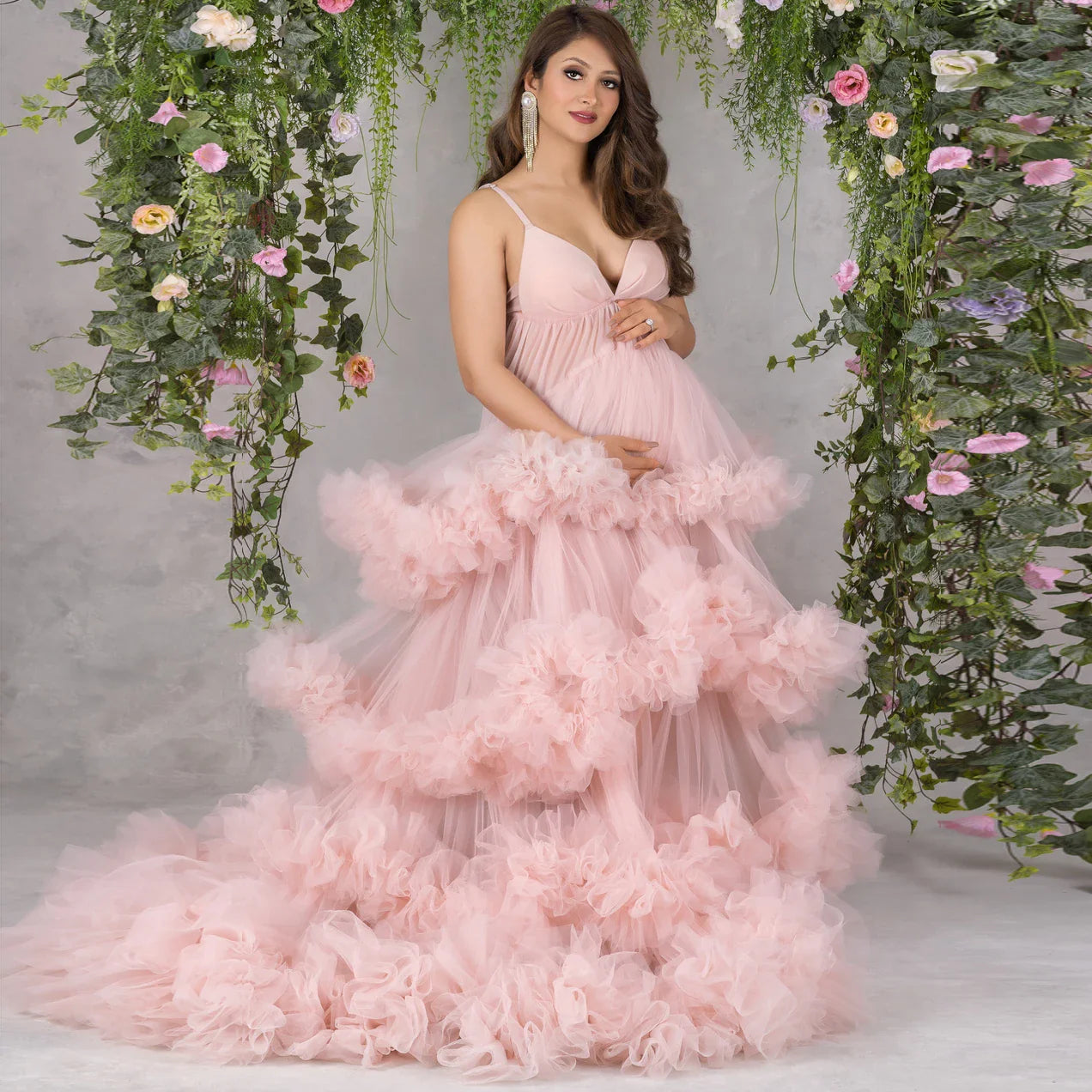 MQTIME  -  Light Pink Long Tulle Women Maternity Dresses Photography Ruffled Tutu V Neck Robe Gowns Baby Shower Dress