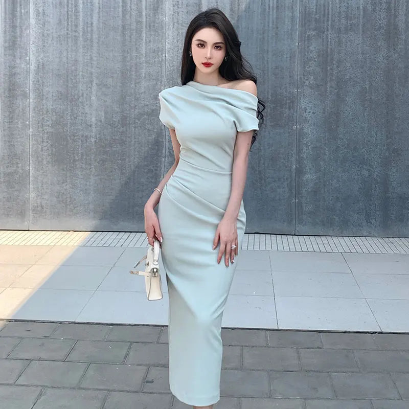 nvxiot-Elegant Chic Party Evening Dress for Women One Shoulder Folds Ladies Fashion Vintage Slim Long Bodycon Dresses Summer 2023