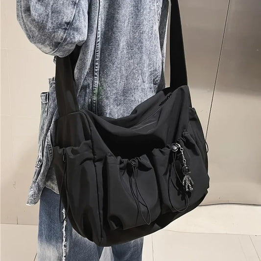 nvxiot Unisex Drawstring Detail Crossbody Bag Mans Large Capacity Shoulder Bag Females Fashion Zipper Bag With Bag Charm