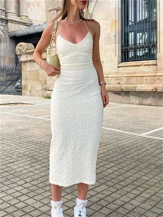 nvxiot -  Spaghetti Strap White Dress Women 2024 Summer Elegant Sexy Slim Chic Midi Dress Fashion Vintage V Neck Neck Mounted Split Dress