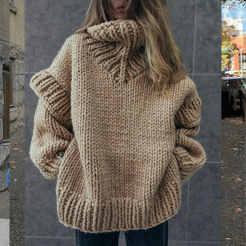 nvxiot New Women Sweater Pullover Knit Sweater Fluffy Long Sleeve Tops Winter Oversized High Neck Warm Thickened Sweater for Women