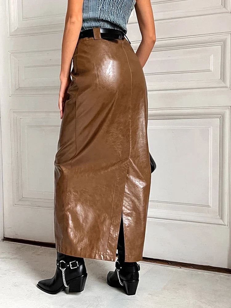 MQTIME  -  2024 Autumn Winter Women Office Midi Leather PU Skirts Bodycon Solid Brown High Waist Office Pencil Skirt For Women