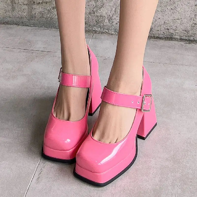 nvxiot Pink Black Red Heeled Women Pumps Mary Janes Shoes Square Toe White High Heels Female Working Party Dance Shoes 2024 Spring