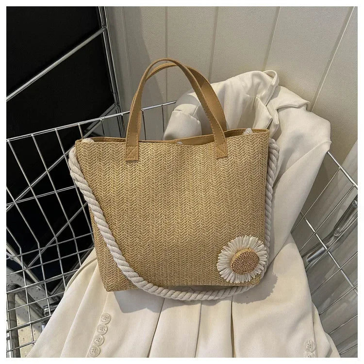 nvxiot Small clear fashion flower woven shoulder bag  retro minimalist square bag woven vegetable basket bag