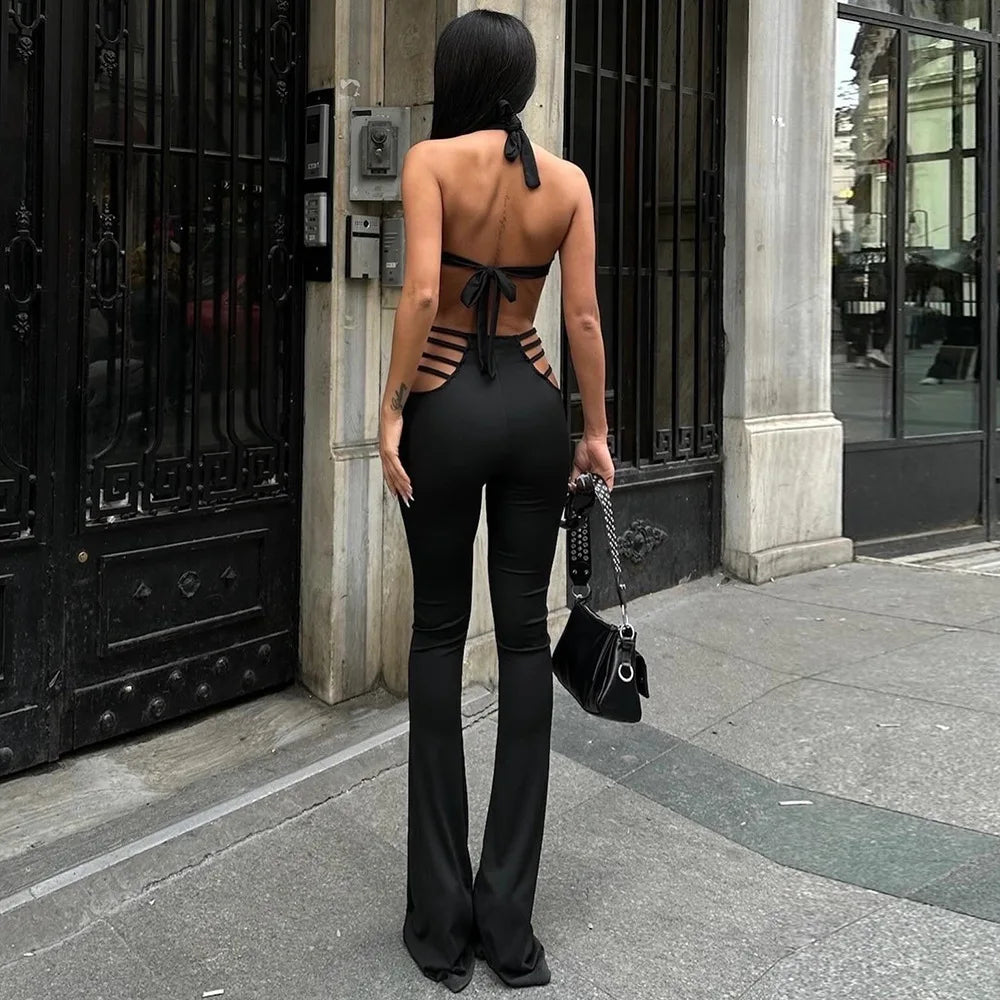 nvxiot  - Y2K Rivets Bandage Halter Flare Jumpsuits Women Summer Sexy Deep V-neck Hollow Out Sleeveless Backless Slim Streetwear Rompers