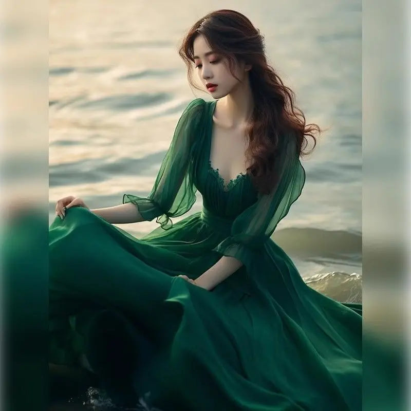 MQTIME  - Temperament absolutely beautiful beach dress beach holiday super beautiful green fairy dress 2024 summer new gentle style