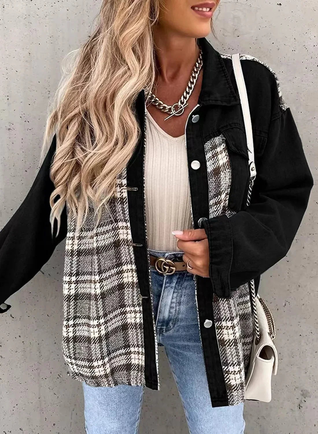 MQTIME  -   2024 New Autumn Women Button Coat Spring Irregular Tops Outwear Mujer Vintage Fashion Plaid Print Patchwork Denim Jacket Elegant