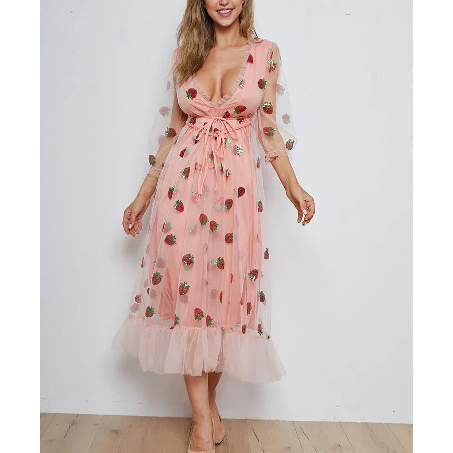 nvxiot- Strawberry Fairy Dress Women Deep V Puff Sleeve Sweet Voile Mesh Sequins Embroidery French Evening Party Dresses