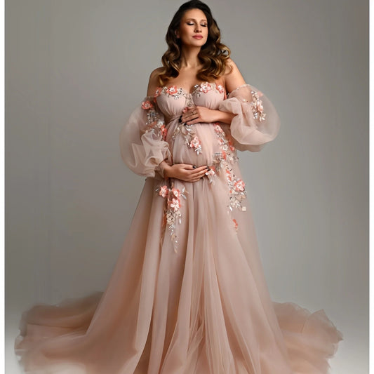 MQTIME  -   Maternity Dress for Women  Beading Detachable Sleeves Gala Dress Lace Appliques Tulle Pregnancy Babyshower Gowns