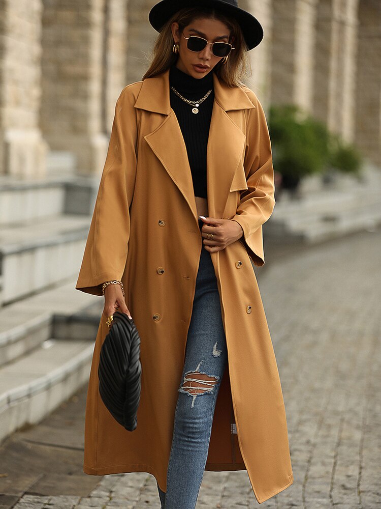 nvxiot Lapel Long Casual Trentch Coats Women Elegant Ladies Autumn Fashion Buttons Lace Up Long Trench Coat Jackets 2022