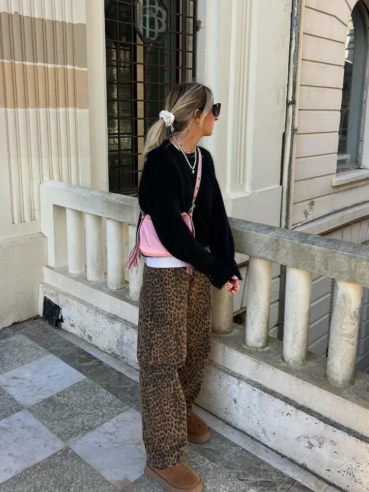 nvxiot  -  Fashion Leopard Printed Long Pants Women 2024 Spring Summer Slim Pocket High-waist Casual Straight-pants Female Commuter Clothes