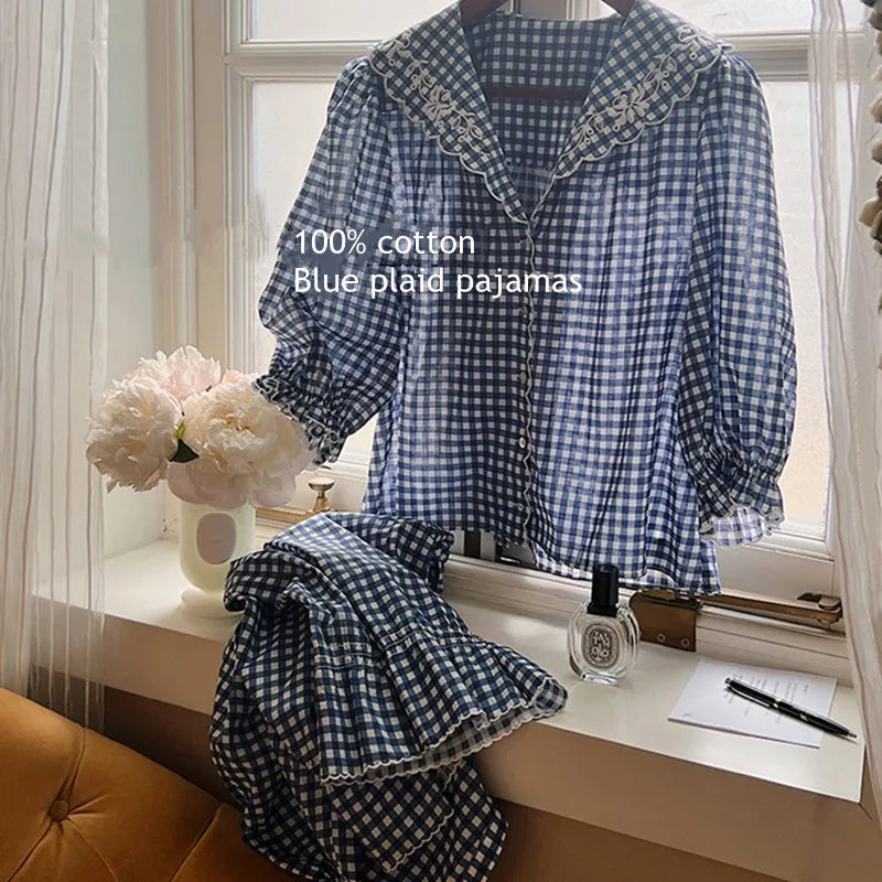 nvxiot Women Korea Style Loose Design Nightwear Autumn Full Sleeves Two-Pieces Cotton Pajamas Sweet Turn-Down Collar Blue Plaid Pyjamas