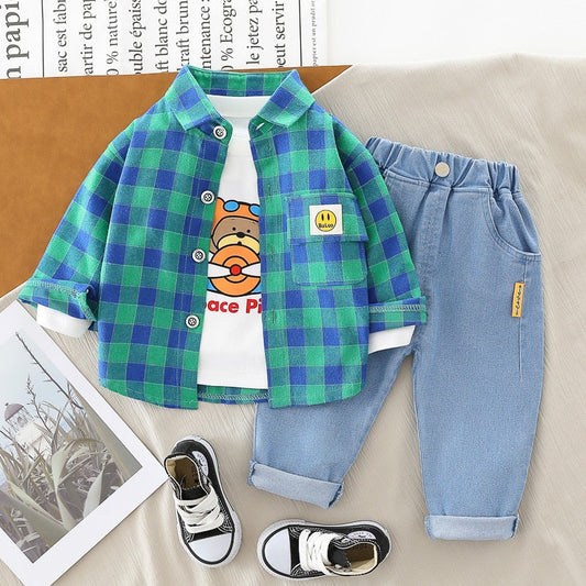 nvxiot Spring Autumn Children Boys 3PCS Clothing Set Plaid Shirts Cartoon Printed Sweatshirts Jeans Pants Baby Clothes Set