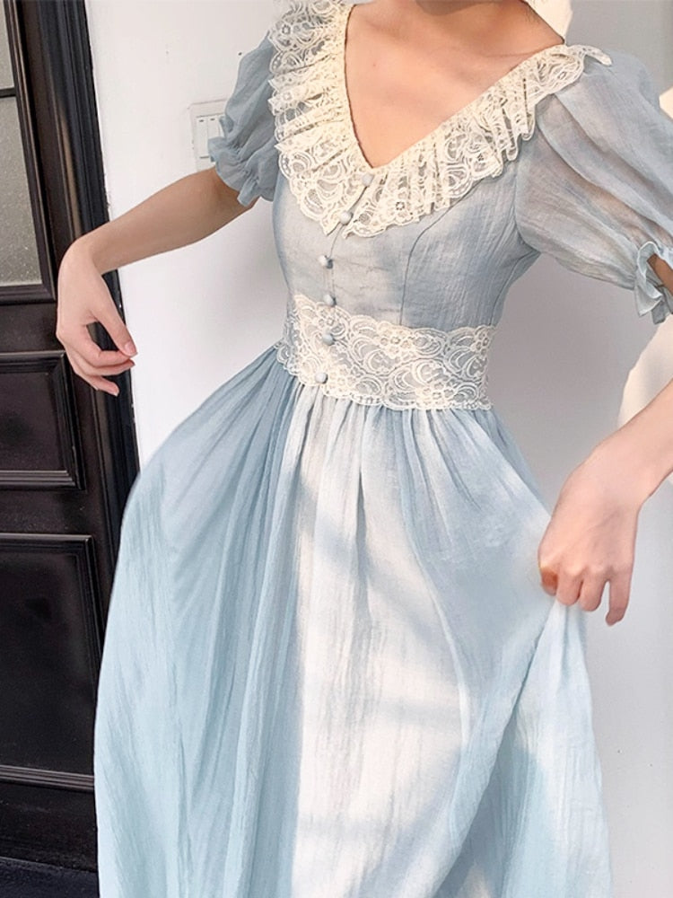 nvxiot French Elegant Solid Midi Dress Women Basic Lace Slim Dress Vintage V Neck Puff Sleeve Dress Korean Design 2023 Summer