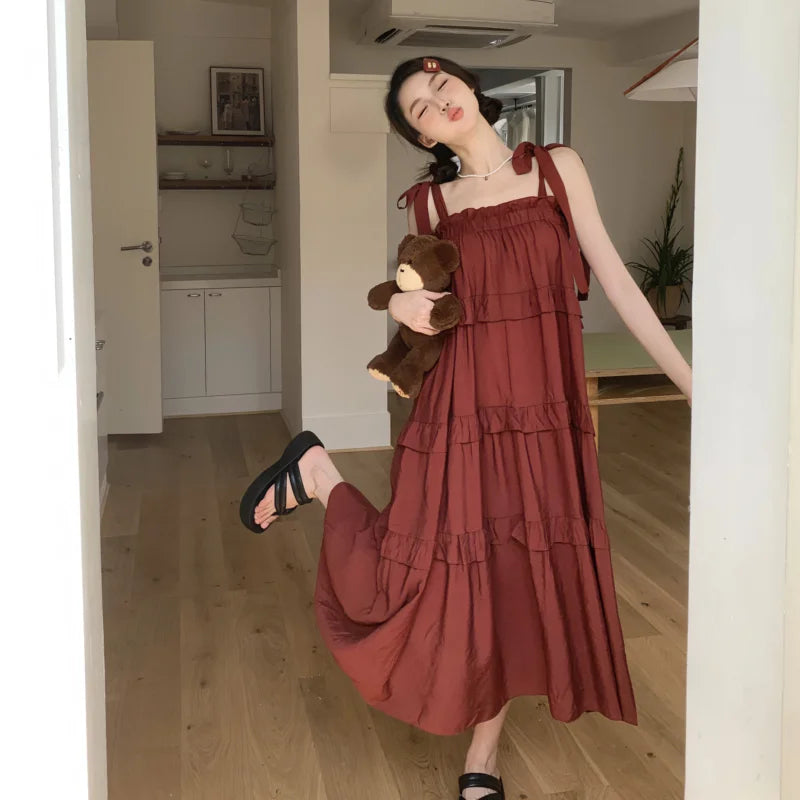 nvxiot  - Summer Korean Patchwork Solid Color Loose Sleeveless Slip Dress Femme Sweet Pleated Lacing Bow Princess Dress New Women Clothes