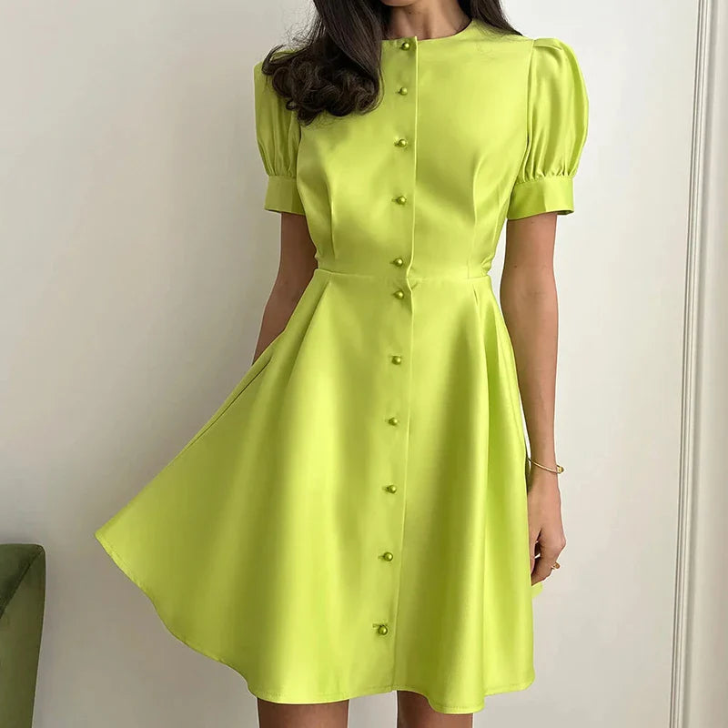 nvxiot Ladies O-Neck Peal Buttons High Street Mini Dress Women Elegant Slim Waist A-Line Dresses Fashion Summer Puff Sleeve Solid Dress