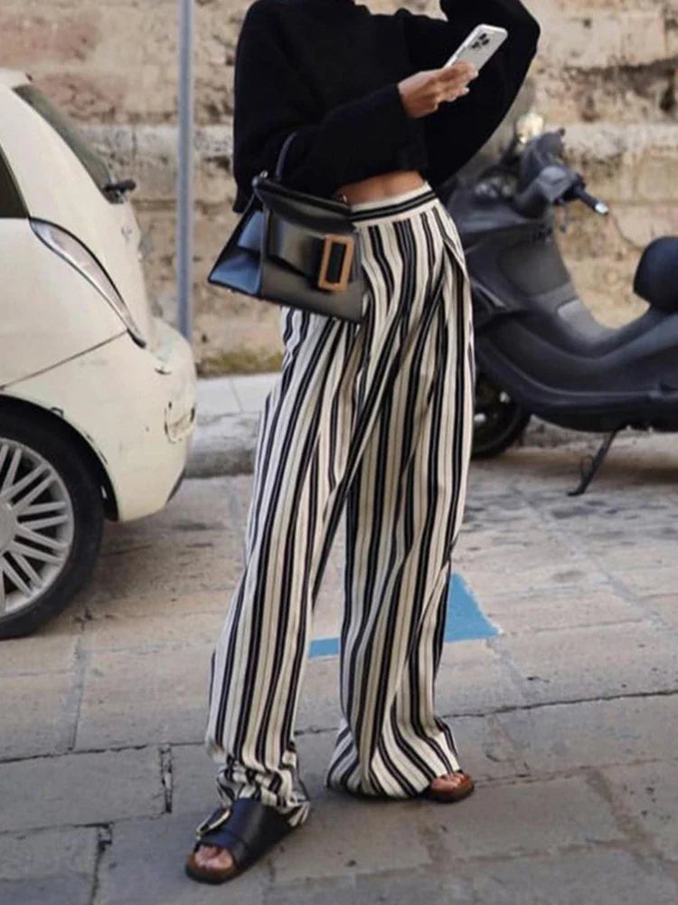 MQTIME  -   Autumn Winter Women Striped Trousers Streetwear Holiday High Waist Loose Wide Leg Flare Pants For Women