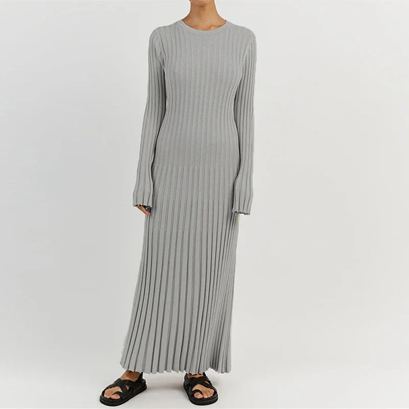 nvxiot 90s Vintage Tie Waist Dress Women Elegant Ribbed Knit Full Sleeve Maxi Dress Crew Neck Bodycon Pencil Long Dress Streetwear