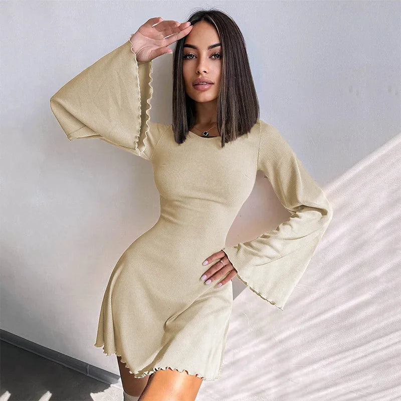 nvxiot Sexy Dresses Nightclub Mini Short Party Dress Women Back Bandage O Neck A Line Flare Sleeves Autumn Vestidos Ladies Fall Robe