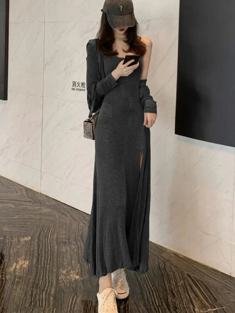 nvxiot-CLUB OUTFITS Two Pieces Sets Women Elegant Streetwear Hooded Jackets Side-slit Dresses Spring New Hotsweet Sexy Korean Style Casual Fashion