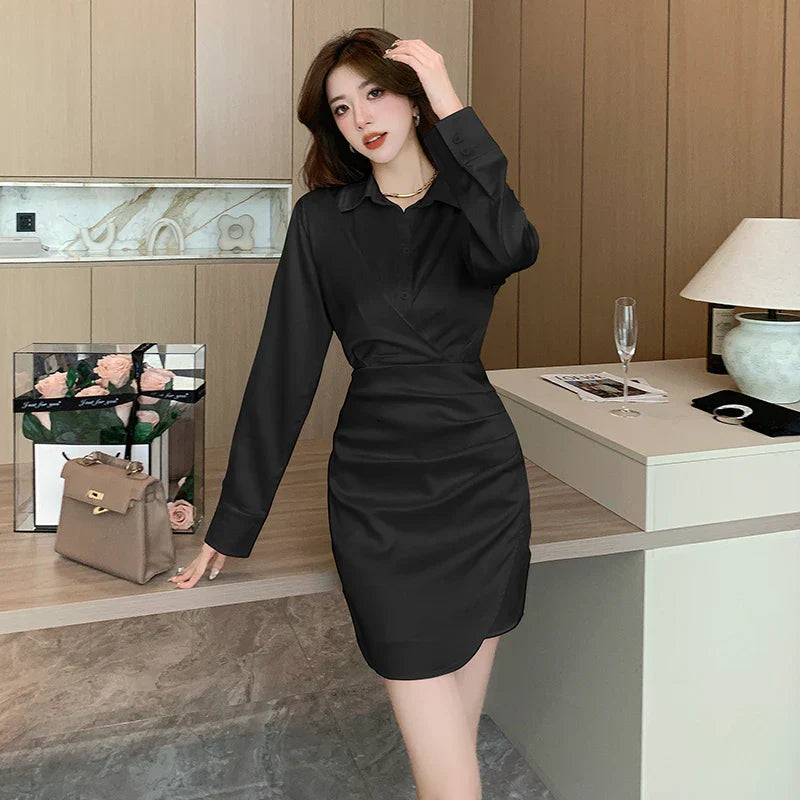 nvxiot-2023 New French Vintage Sexy Satin Mini Dress for Women Long Sleeved V-neck Waist Slim Office Lady Elegant Prom Female Dresses