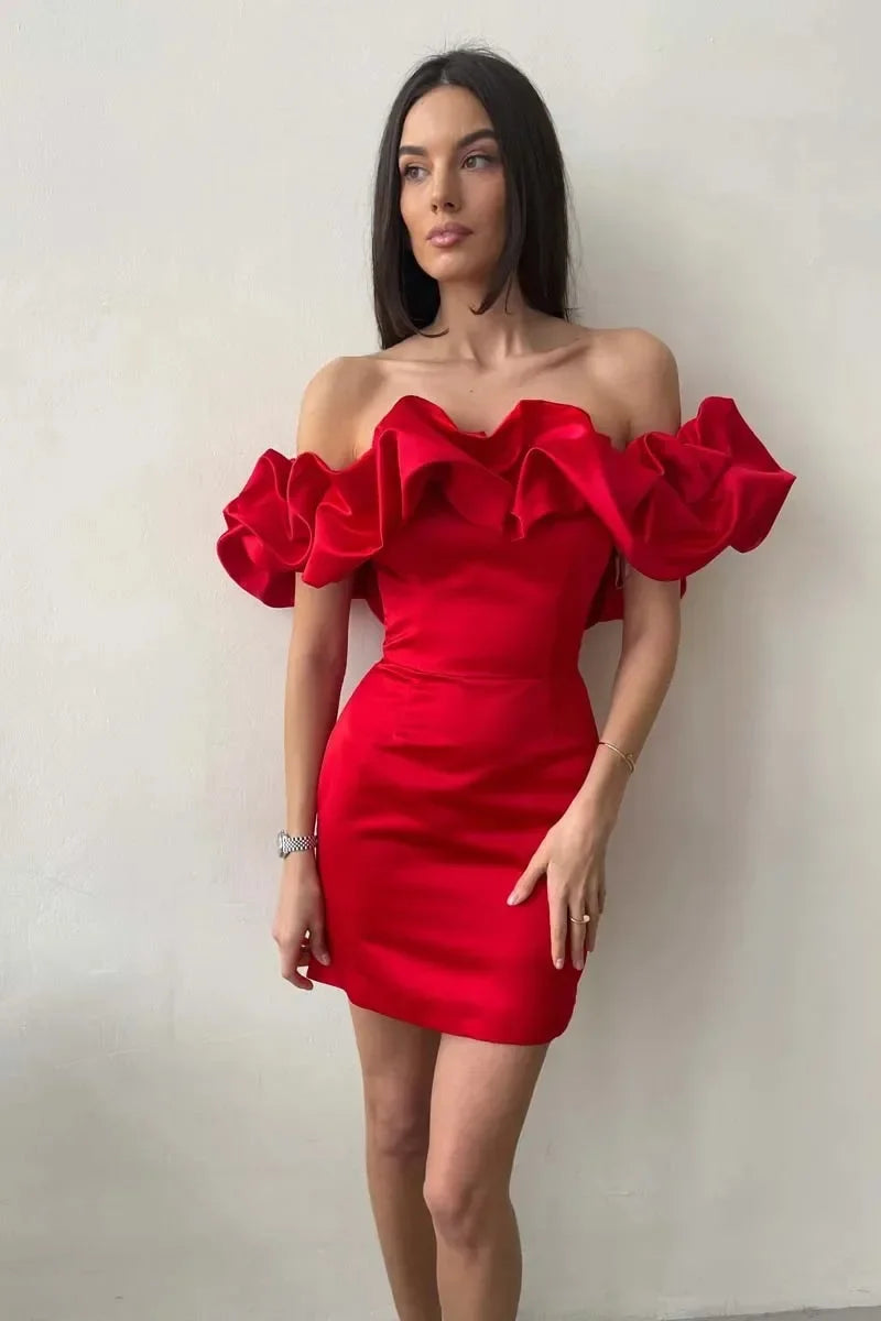 nvxiot Red Evening Party  Dresses Elegant Fashion Women's Slash Neck High Waist Tunics Bodycon Package Hip Short Beach Dress 2024 Y2K