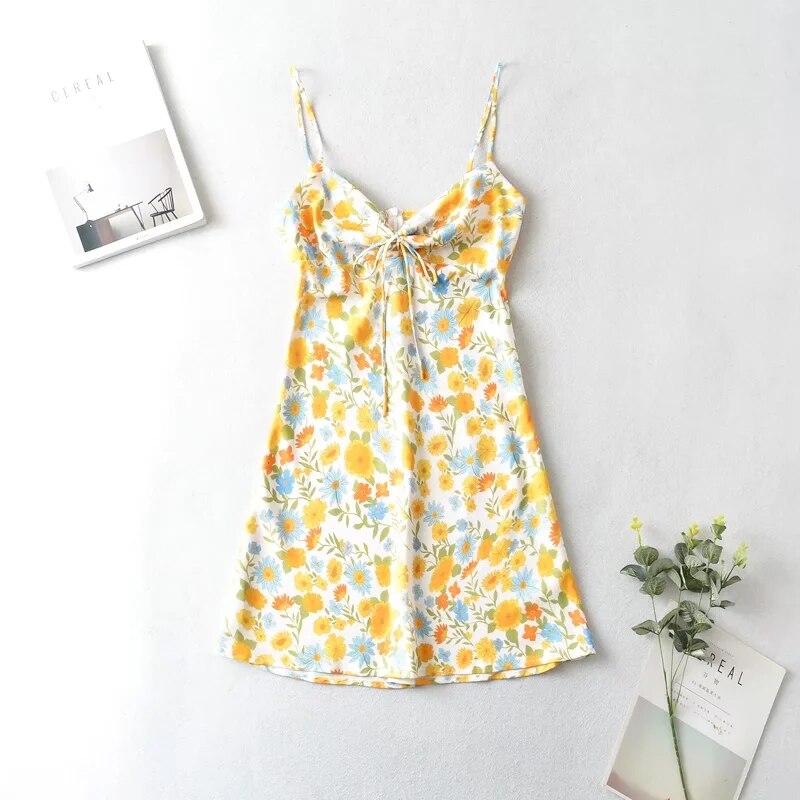 nvxiot Female French Style Yellow Flower Print Boho Summer Dress Midi Sleeveless Women Beach Dress Straight Sexy Party Vestidos