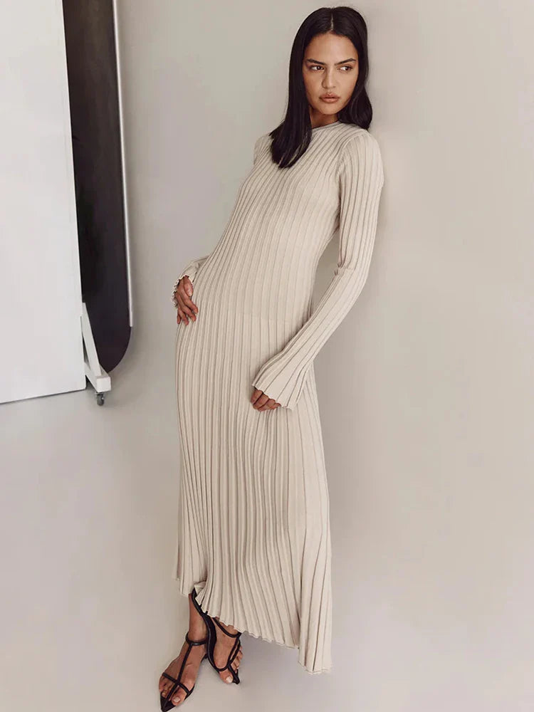 nvxiot Lace-Up Female Knit Maxi Dress Autumn High Waist Fashion Patchwork Long Sleeve Loose Solid Dress Bandage Knitwear Dress