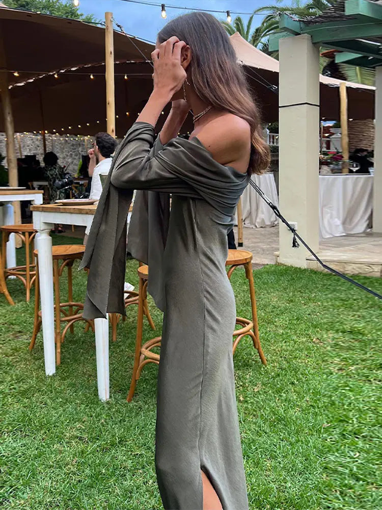 nvxiot -  Fashion Sexy Solid Off Shoulder Midi Dress For Women Elegant Chic Slash Neck Long Sleeve Dresses Female Evening Party Club Robes