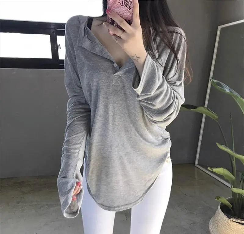 MQTIME  -  Lazy Style Long sleeved Polo Neck T-shirt Top Women Solid Versatile Loose Leisure Summer Sunscreen Bottom Shirt Women Clothing