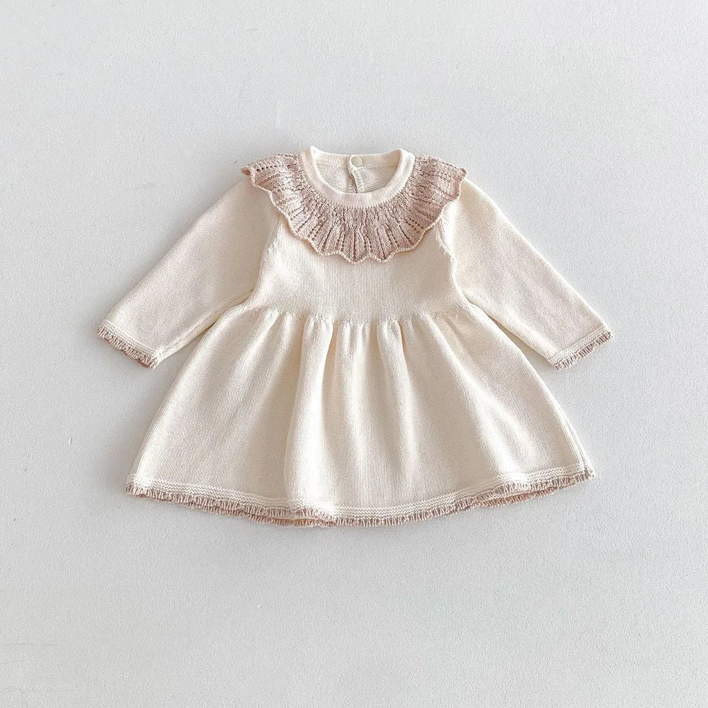 MQTIME  -   New 2024 Autumn Girl's Knitted Dress Children's Sweet Lotus Leaf Collar Sweater A-line Princess Dress Kid's Clothing