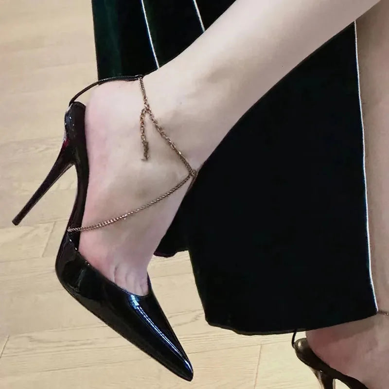 nvxiot High Heel Sandals Women's Stiletto Heel Fashion Sexy Black Bag Pointed French Strap Chain Pumps Women  Shoes